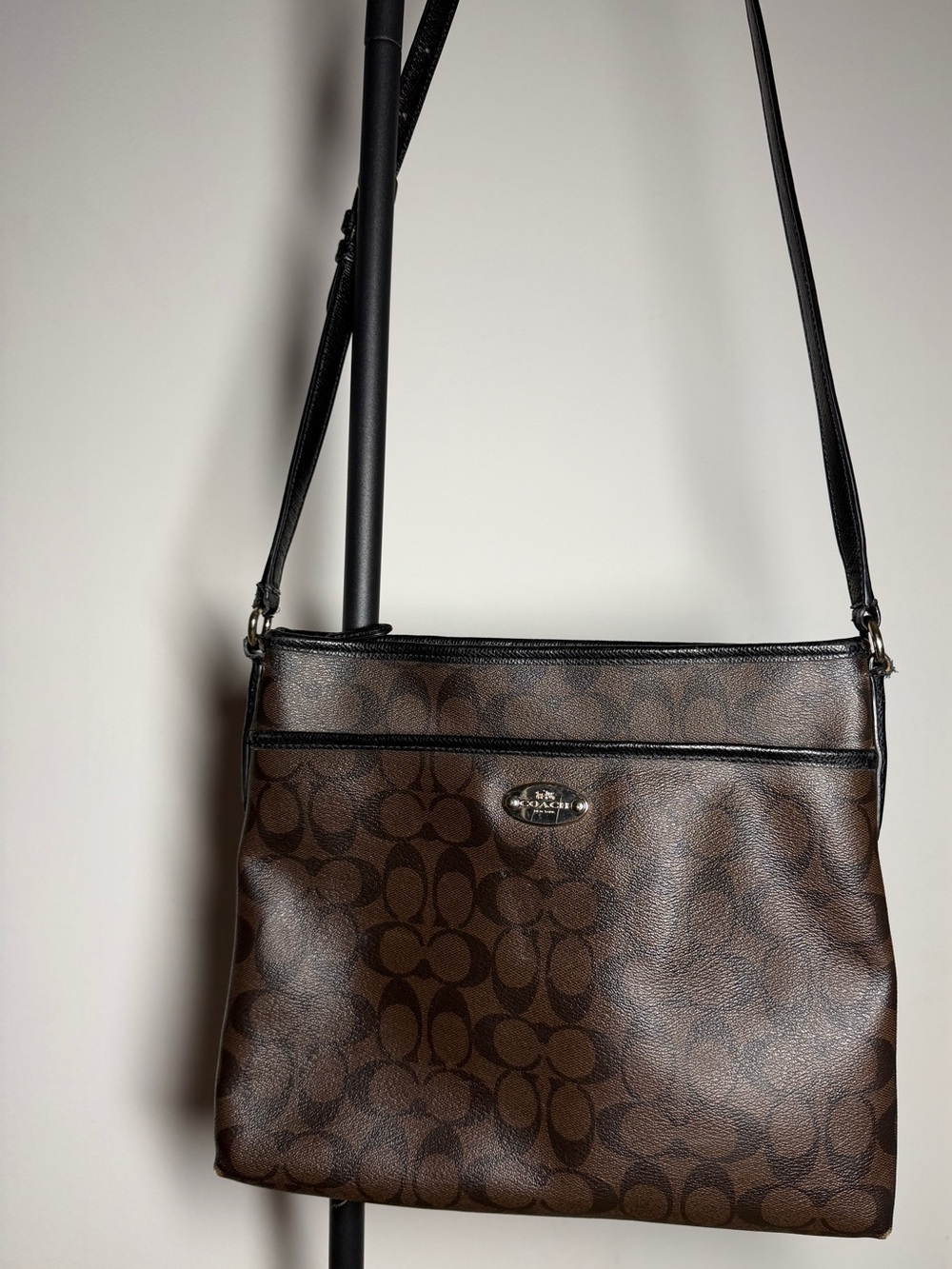 Coach Signature File Zip Crossbody Bag Brown Black Monogram Canvas Purse
